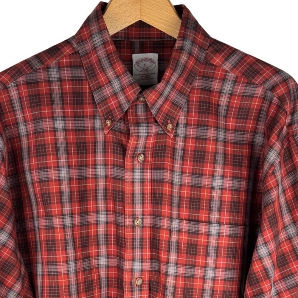 Brooks Brothers 346 Plaid Non-Iron Cotton Button Down Shirt Mens Large Red Grey
